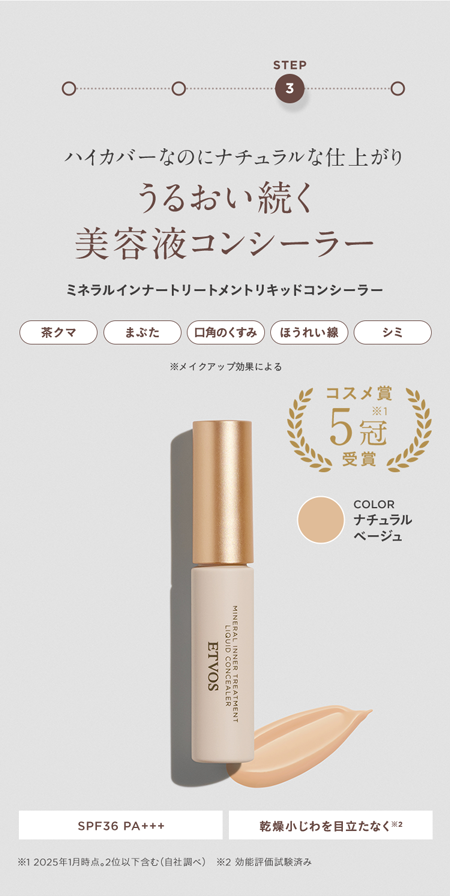 STEP
3
ハイカバーなのにナチュラルな仕上がり
うるおい続く
美容液 コンシーラー
ミネラルインナートリートメントリキッドコンシーラー
茶クマ
まぶた
口角のくすみ 「ほうれい線
シミ
※メイクアップ効果による
コスメ賞
ETVOS
LIQUID CONCEALER
MINERAL INNER TREATMENT
1
5 冠
受賞
COLOR
ナチュラル
ベージュ
SPF36 PA+++
乾燥小じわを目立たなく※2
12025年1月時点。 2位以下含む(自社調べ) 2効能評価試験済み