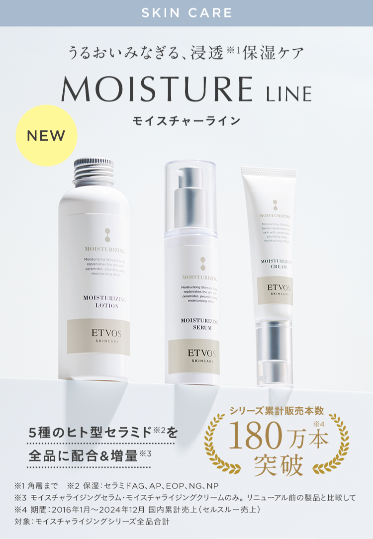 SKIN CARE
うるおいみなぎる、浸透 1 保湿ケア
MOISTURE LINE
モイスチャーライン
NEW
MOISTURIZING
Moisturizing Skinca
Series replenishes
skin with ceramide
providing deep
moisturizing effo
MOISTURIZING
Moisturizing Skincare Se
replenishes the skin w
ceramides, providing d
moisturizing effect
MOISTURIZING
LOTION
MOISTURIZING
Moisturizing Skinca
replenishes the skin
ceramides, providing
moisturizing eff
MOISTURIZIN
CREAM
ETVOS
SKINCARE
ETVOS
SKINCARE
MOISTURIZING
SERUM
ETVOS
SKINCARE
5種のヒト型セラミド ※2を
全品に配合&増量※
*3
シリーズ累計販売本数
180万本
※1角層まで ※2 保湿セラミドAG、 AP、 EOP、NG、NP
突破
※3 モイスチャライジングセラム・モイスチャライジングクリームのみ。 リニューアル前の製品と比較して
※4 期間:2016年1月~2024年12月 国内累計売上 (セルスルー売上)
対象: モイスチャライジングシリーズ全品合計