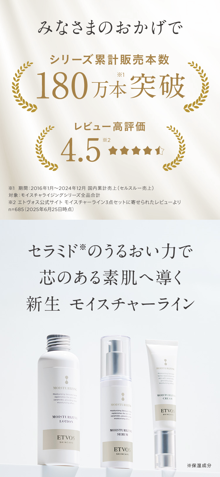 みなさまのおかげで
シリーズ累計販売本数
180万本突破
レビュー高評価
4.5**
※1 期間:2016年1月~2024年12月 国内累計売上 (セルスルー売上)
対象 : モイスチャライジングシリーズ全品合計
※2 エトヴォス公式サイト モイスチャーライン3点セットに寄せられたレビューより
n=685(2025年6月25日時点)
セラミドのうるおい力で
芯のある素肌へ導く
新生モイスチャーライン
MOISTURIZING
Moisturizing Skincare See
replenishes the skin w
ceramides, providing
moisturizing effect
MOISTURIZING
LOTION
MOISTURIZING
Moisturizing Skinca
Series replenishes y
skin with ceramide
providing deeg
moisturizing effec
MOISTURIZIN
CREAM
MOISTURIZIN
Moisturizing Skinca
replenishes the sk
ceramides, providing d
moisturizing effec
ETVOS
SKINCA
ETVOS
SKINCARE
MOISTURIZING
SERUM
ETVOS
SKINCARE
※保湿成分