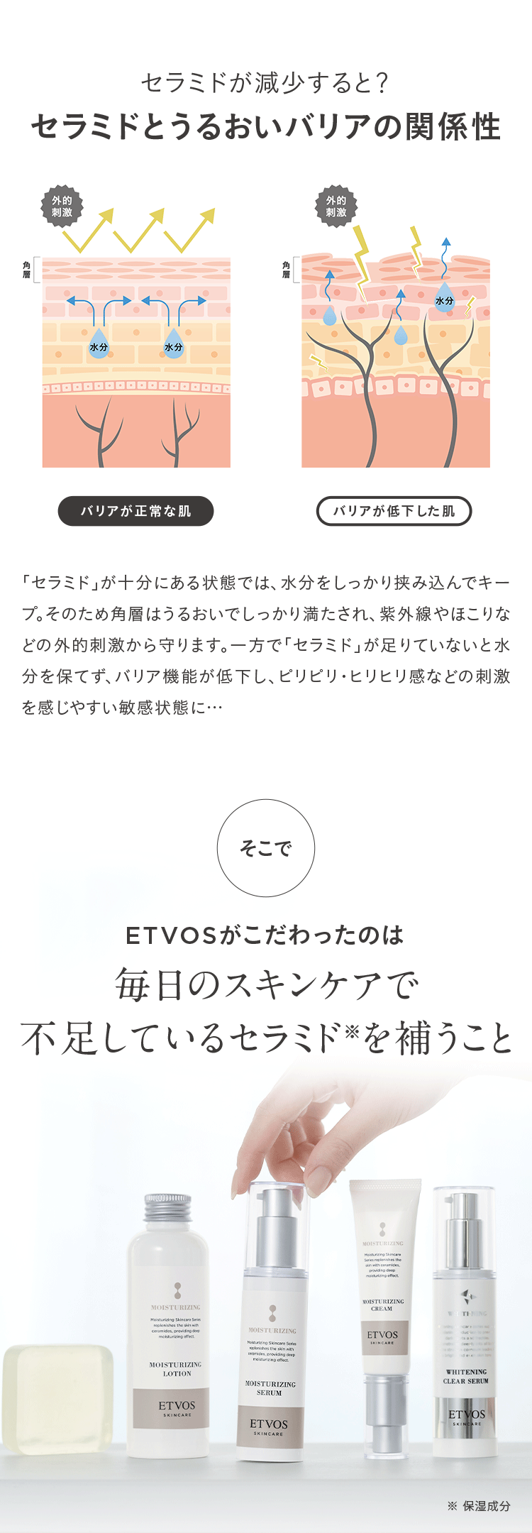 セラミドが減少すると?
セラミドとうるおいバリアの関係性
外的
刺激
水分
水分
バリアが正常な肌
層
外的
刺激
水分
バリアが低下した肌
「セラミド」が十分にある状態では、水分をしっかり挟み込んでキー
プ。そのため角層はうるおいでしっかり満たされ、 紫外線やほこりな
どの外的刺激から守ります。 一方で「セラミド」 が足りていないと水
分を保てず、バリア機能が低下し、ピリピリヒリヒリ感などの刺激
を感じやすい敏感状態に･･･
そこで
ETVOSがこだわったのは
毎日のスキンケアで
不足しているセラミドを補うこと
MOISTURIZING
MOISTURIZING
Series replenishes the
providing deep
moisturizing effect
MOISTURIZING
CREAM
Moisturizing Skincare Serin
replenishes the sw
ceramides, providing den
moisturizing effect
MOISTURIZING
Moturizing Skincare Series
lenishes the skin with
mamides, providing deep
resturizing effect
ETVOS
SKINCARE
MOISTURIZING
LOTION
ETVOS
SKINCARE
MOISTURIZING
SERUM
ETVOS
SKINCARE
WHITENING
CLEAR SERUM
ETVOS
SKINCARE
※ 保湿成分
