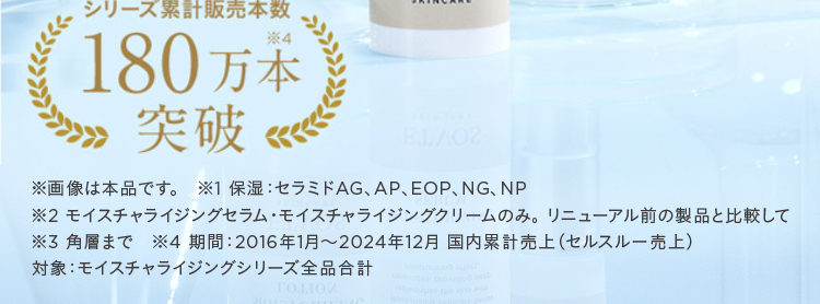 ETVOS
NEW ヒト型セラミドを全品に配合&増量 ※2!
肌が敏感に傾いたら
浸透*3保湿ケア
MOISTURIZING
MOISTURIZING
Moisturizing Skincare
Series replenishes the
skin with ceramides
providing deep
moisturizing effect
MOISTURIZING
CREAM
ETVOS
Moisturizing Skincare Series
SKINCARE
replenishes the skin with
ceramides, providing deep
moisturizing effect
MOISTURIZING
LOTION
ETVOS
SKINCARE
MOISTURIZING
Moisturizing Skincare Series
replenishes the skin with
Ceramides, providing deep
moisturizing effect
MOISTURIZING
SERUM
リニューアル&パワーアップ!
新生 モイスチャーライン
シリーズ累計販売本数
180万本
突破
ETVOS
SKINCARE
ELA02
※画像は本品です。※1 保湿 セラミドAG、AP、EOP、NG、NP
※2 モイスチャライジングセラム モイスチャライジングクリームのみ。 リニューアル前の製品と比較して
※3角層まで 4期間:2016年1月~2024年12月 国内累計売上 (セルスルー売上)
対象 : モイスチャライジングシリーズ全品合計
TOLION