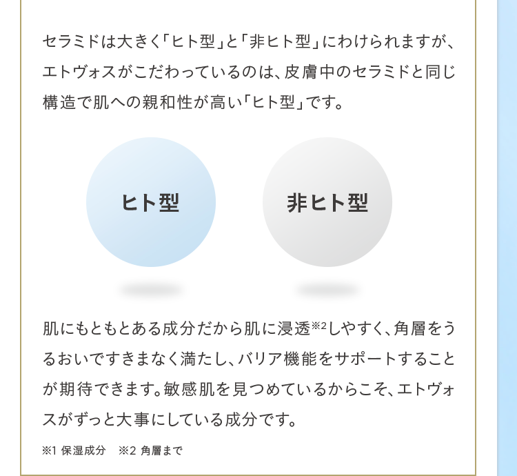 セラミドは大きく「ヒト型」と「非ヒト型」 にわけられますが、
エトヴォスがこだわっているのは、皮膚中のセラミドと同じ
構造で肌への親和性が高い 「ヒト型｣です。
ヒト型
非ヒト型
肌にもともとある成分だから肌に浸透しやすく、角層をう
るおいですきまなく満たし、 バリア機能をサポートすること
が期待できます。 敏感肌を見つめているからこそ、エトヴォ
スがずっと大事にしている成分です。
※1 保湿成分 ※2 角層まで